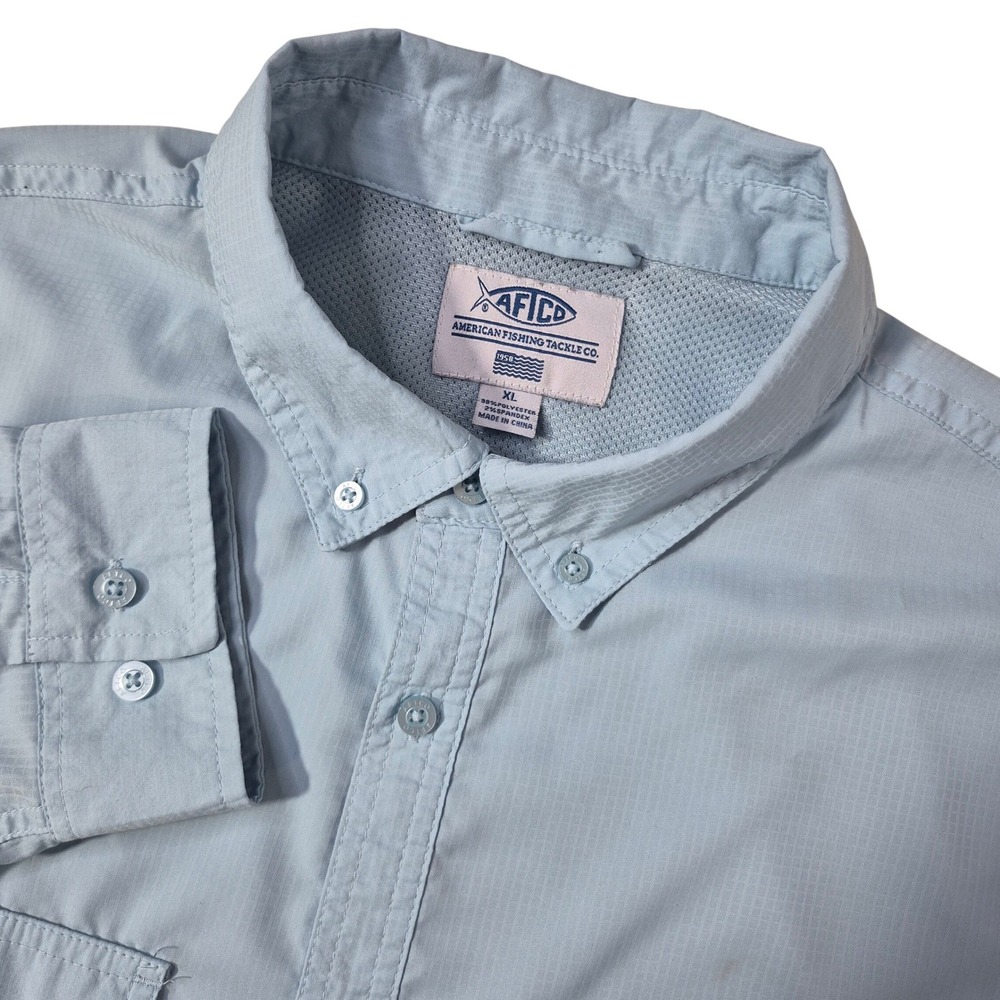 AFTCO Fishing Shirt Mens XL Blue Long Sleeve Button Up AFTECH Performance